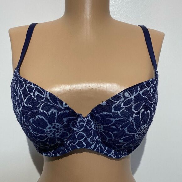Aerie Women's Blue Sunnie Underwire Floral Lace Push Up Demi Bra Size 36C - Picture 1 of 8